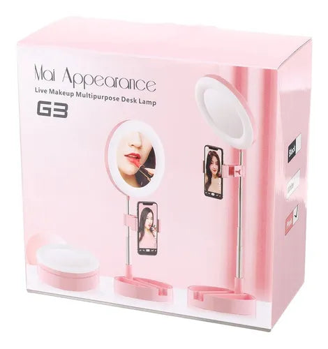 ARO DE LUZ CON ESPEJO Y SOPORTE PARA CELULAR – 3 MODOS DE ILUMINACIÓN