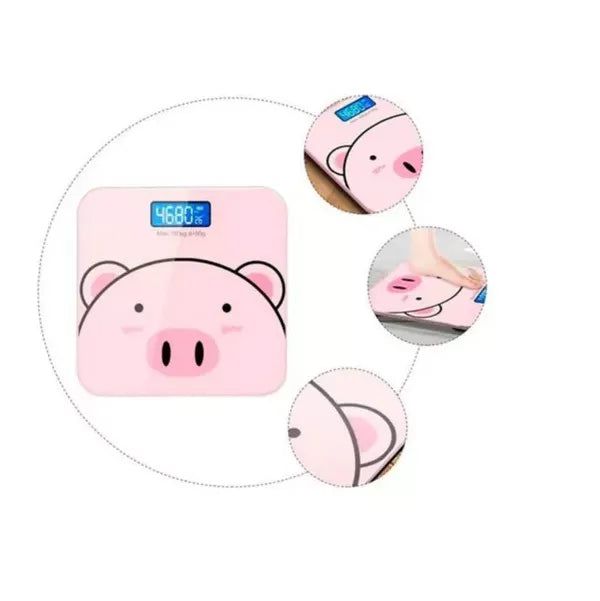 BÁSCULA DIGITAL DE BAÑO DISEÑO CERDITO ROSADO EN VIDRIO TEMPLADO