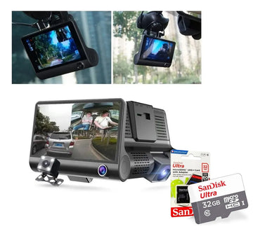 CÁMARA DVR PARA CARRO 3 LENTES 1080P FULL HD – FRONTAL, INTERIOR Y REVERSA