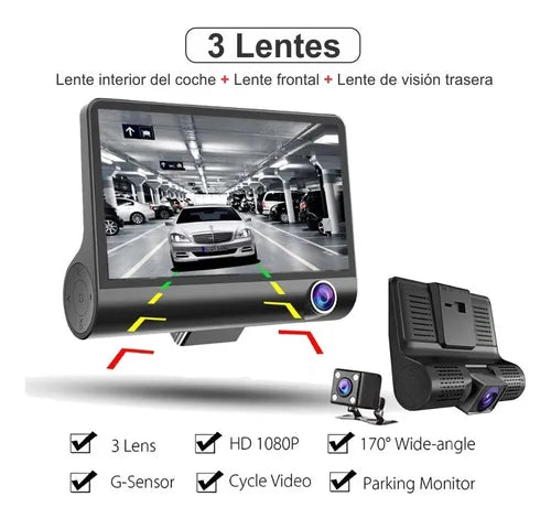 CÁMARA DVR PARA CARRO 3 LENTES 1080P FULL HD – FRONTAL, INTERIOR Y REVERSA