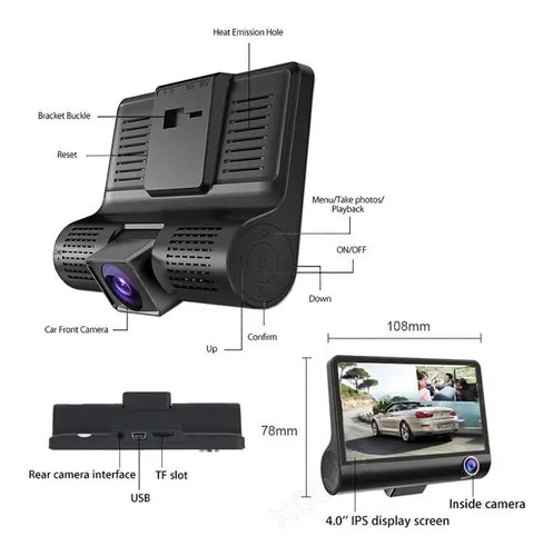 CÁMARA DVR PARA CARRO 3 LENTES 1080P FULL HD – FRONTAL, INTERIOR Y REVERSA