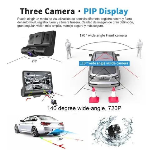 CÁMARA DVR PARA CARRO 3 LENTES 1080P FULL HD – FRONTAL, INTERIOR Y REVERSA