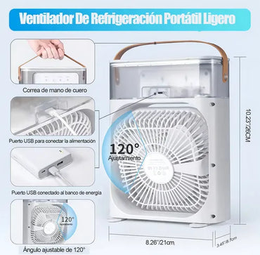 VENTILADOR HUMIDIFICADOR DE AIRE MULTIDIRECCIONAL LUZ LED PORTÁTIL