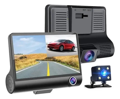 CÁMARA DVR PARA CARRO 3 LENTES 1080P FULL HD – FRONTAL, INTERIOR Y REVERSA