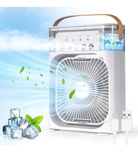 VENTILADOR HUMIDIFICADOR DE AIRE MULTIDIRECCIONAL LUZ LED PORTÁTIL